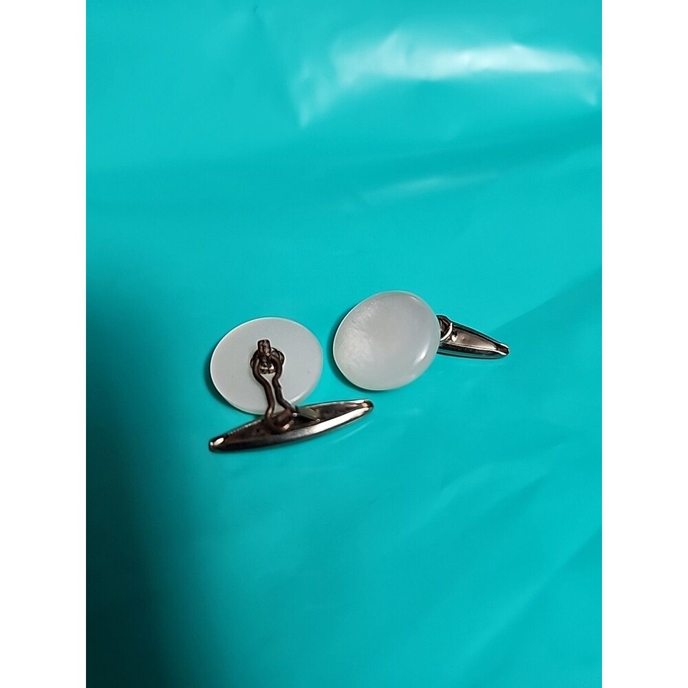 Vintage Round Pearlescent Cufflinks Torpedo Back Gold Tone Mid-Century